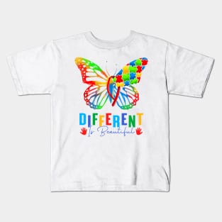 Different Is Beautiful Autism Awareness Butterfly Puzzle Kid Kids T-Shirt